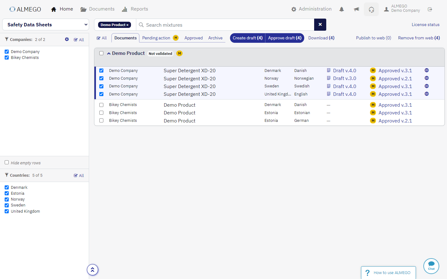 The final design met our design goals (more efficient document generation + easier to find relevant documents), and while quite dense, it was highly structured and powerful in use.<br><br>To create new draft documents:<ol><li>Search for <em>multiple</em> products</li><li>Choose one or <em>multiple</em> brands, countries, and languages</li><li>Generate drafts with one click</li><li>Find each draft in its <em>dedicated row</em></li><li>Review document and edit data</li><li><em>Just click “Create draft” again</em> to generate a new version (your selections are remembered).</li></ol>It was well-received, and has no doubt contributed to our high user satisfaction ratings of 4.5 of 5.<br><br>Compare with  <a href='#almego-document-management-before'>original design above</a>.