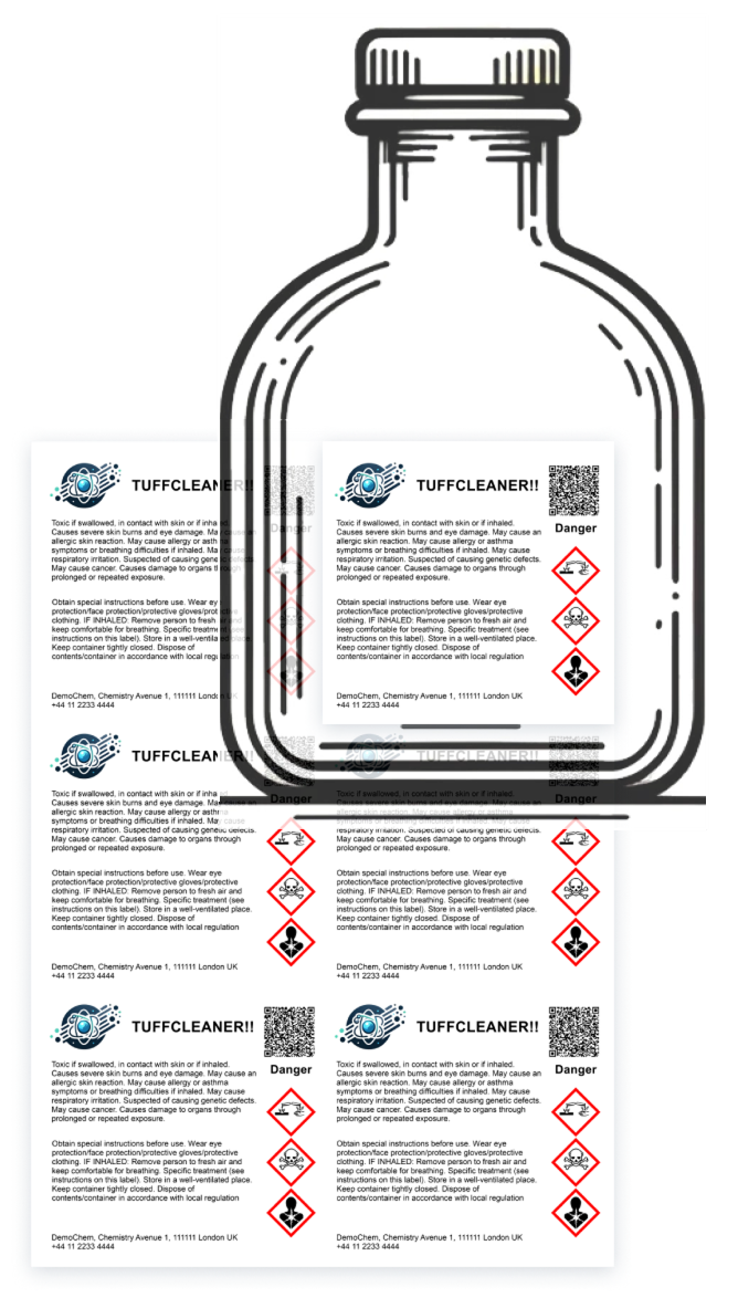 While the core of Almego was the authoring of chemical safety data sheets (SDS), many customers also expected a built-in editor to be able to create (and print) hazard labels to put on chemical containers for showing key data such as hazard pictograms and precautionary statements.<br><br>Especially in small batches for e.g. lab work or customer samples.<br><br>Although Almego had a basic tool for creating such labels (see below), customers needed more flexibility and freedom in terms of label sizes, layout, design and content.<br><br>Regarding scope, while users could add their logo and other graphic elements, our intention was <em>not</em> to provide a tool for fully branded labels to put on products sold to end customers – that domain would also be highly competitive.<br><br>Thus the focus was on regulatory compliance labels for internal use and B2B purposes, where users could benefit from reusing their chemical data already stored in Almego.