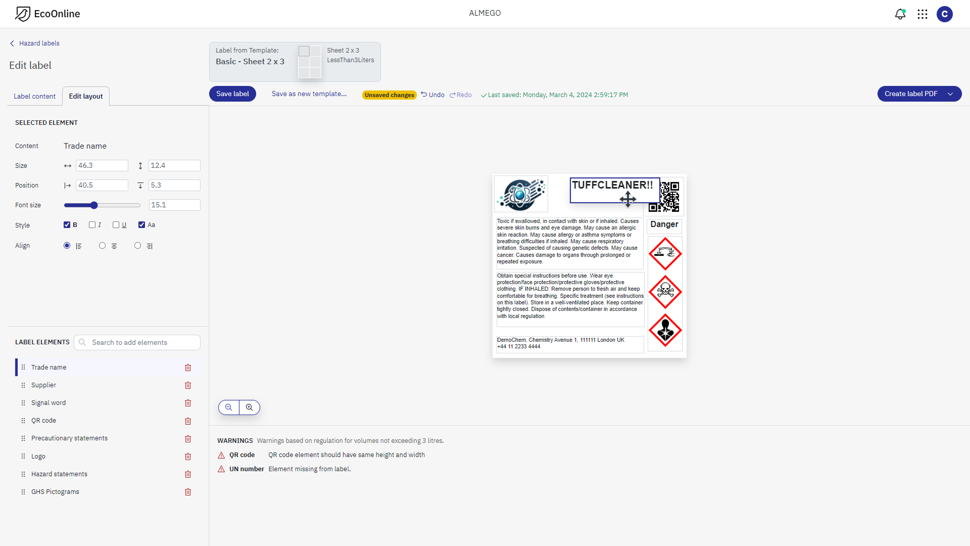 With the label taking center stage on the zoomable canvas, where users can freely add, remove, edit, move and resize elements with the mouse.<br><br>We leveraged established design patterns for editors of this kind including property panels for the selected element (center left) and a layers panel of added content elements (bottom left).<br><br>A nifty feature (bottom center) was live warnings whether the design adhered to the regulatory demands established by the chemical authorities.<br><br>Compare with <a href='#label-editor-before-redesign'>previous design above</a>.