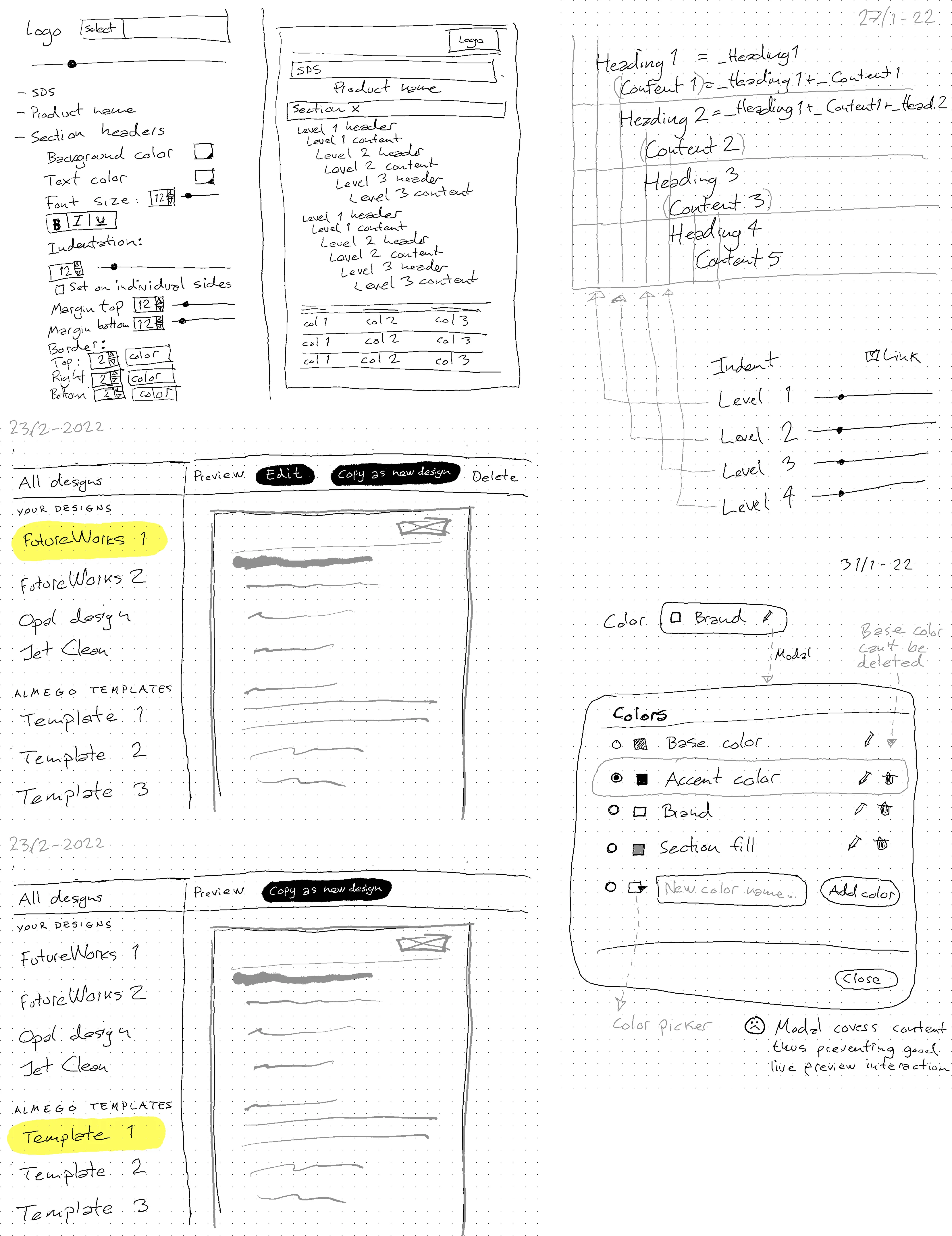 As mentioned, the previous flow for seeing design changes was to generate an actual document.<br><br>While Almego was designed for that very thing, the process still takes time, as the system needs to gather and process all the data and assemble a PDF.<br><br>So, to create a much quicker flow, in these concept sketches, I explored a design with property panels, featuring input fields, sliders, color pickers and more, and a live document preview with example data.
