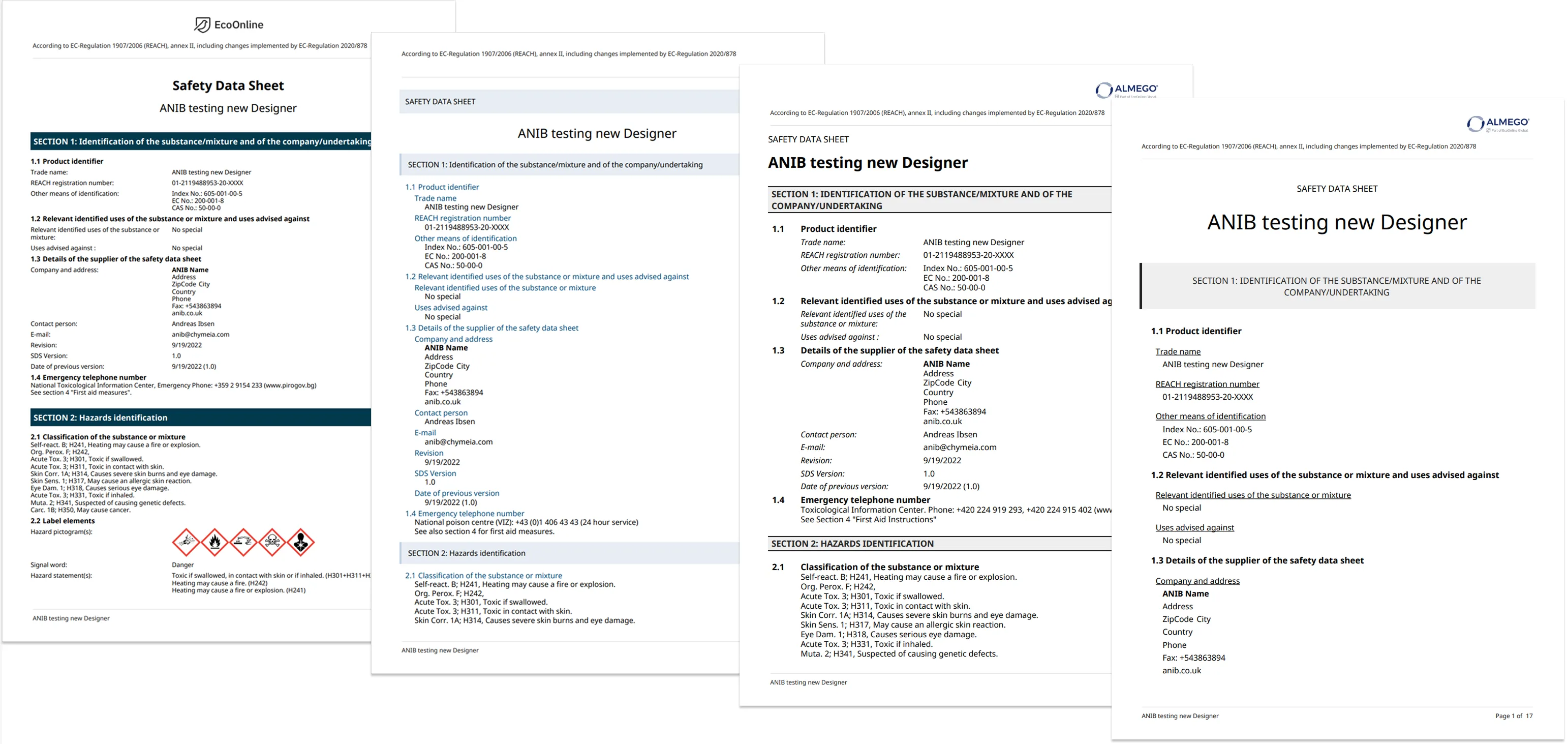 Examples of different designs for the same document content, easily created with the SDS Designer.