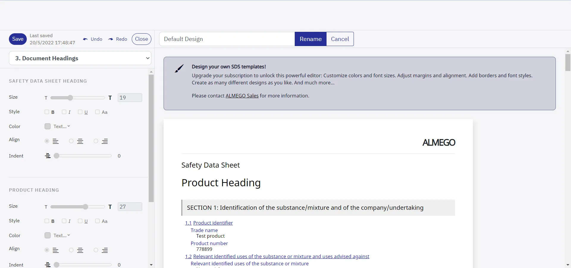 The new editor was powerful as a demo tool for sales representatives and customer support.<br><br>Every subscriber received basic editing access, with the option to unlock the full SDS Designer experience through a paid add-on that we highlighted throughout the product.<br><br>As a sales leverage the add-on could be offered for free/at a discount when negotiating contracts.<br><br>To help Almego gain traction and improve retention, customers needed to get started quickly using the software, and in that regard the editor was a low barrier to entry — compared to the more complex chemical management.<br><br>Customers also needed to show internally, that their organization had bought a new system, and non-chemical experts could more easily relate to the visual design of documents.