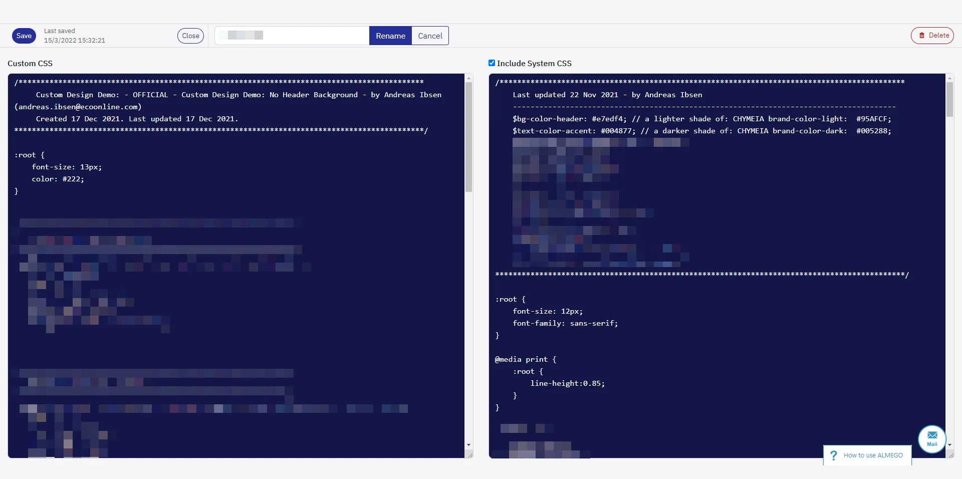 Previously, technically minded users had to edit web code (CSS) to make custom designs. For every change, the user would have to go through a cumbersome process of generating a new document to see the result.<br><br>Due to that technical barrier, we (I) did the customization in CSS on a customer-by-customer basis — however that was neither scalable, nor an efficient use of my time.<br><br>Thus, to enable more customers to create and edit their own designs, and to promote a sense of ownership and engagement, we needed an accessible, visual editor requiring no knowledge of web design technologies.<br><br>As an aside, I have tagged this case 'New feature' — as opposed to 'Redesign' — since the new version was such a big step forward thus in reality a new feature.