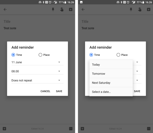 Google Keep app - Default and Choose reminder date